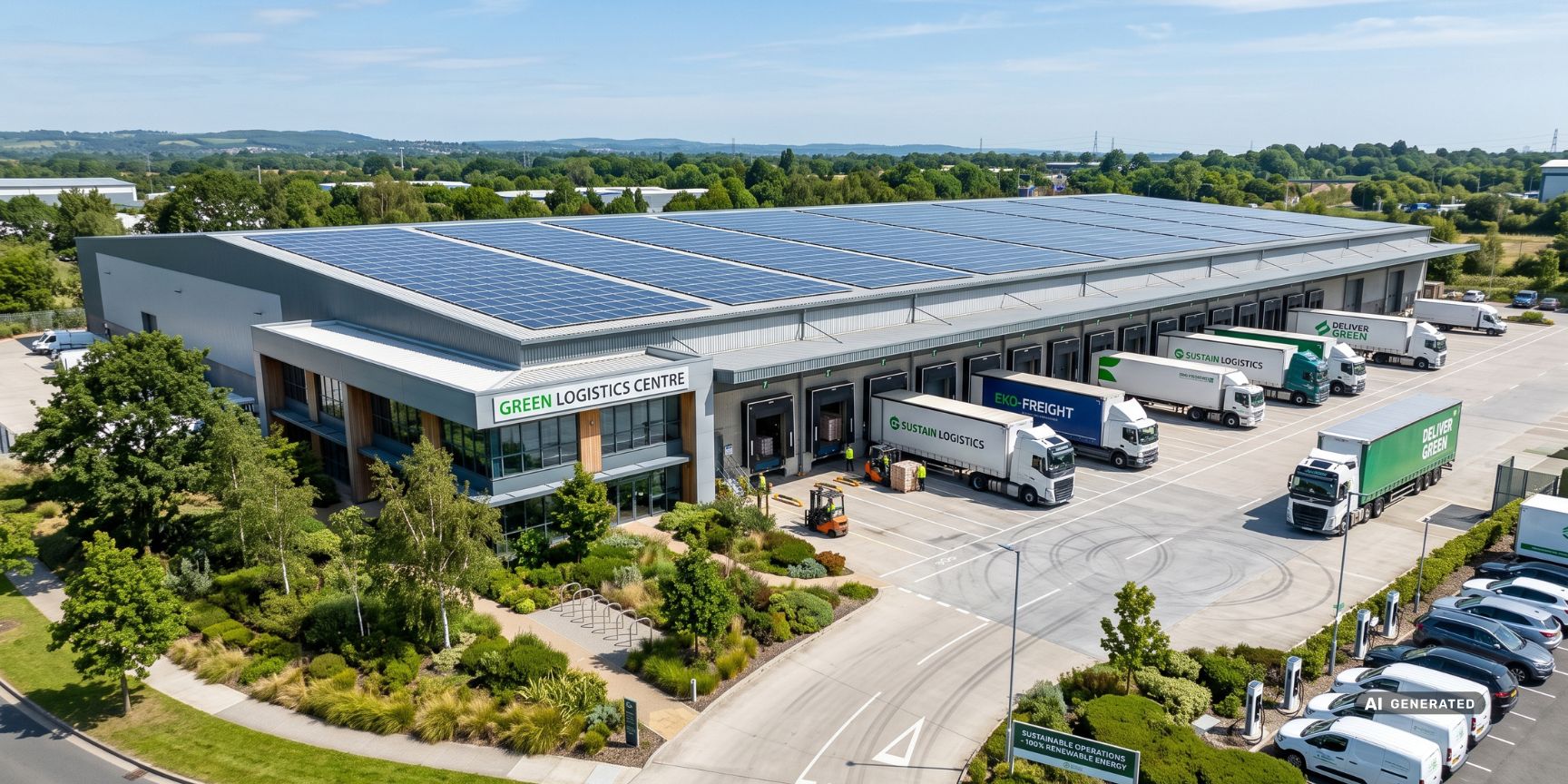 Nachhaltige Logistikimmobilie von außen mit Photovoltaik-Dach und LKW an den Rampen, symbolisiert die Reduzierung von Scope-3-Emissionen im Lager.